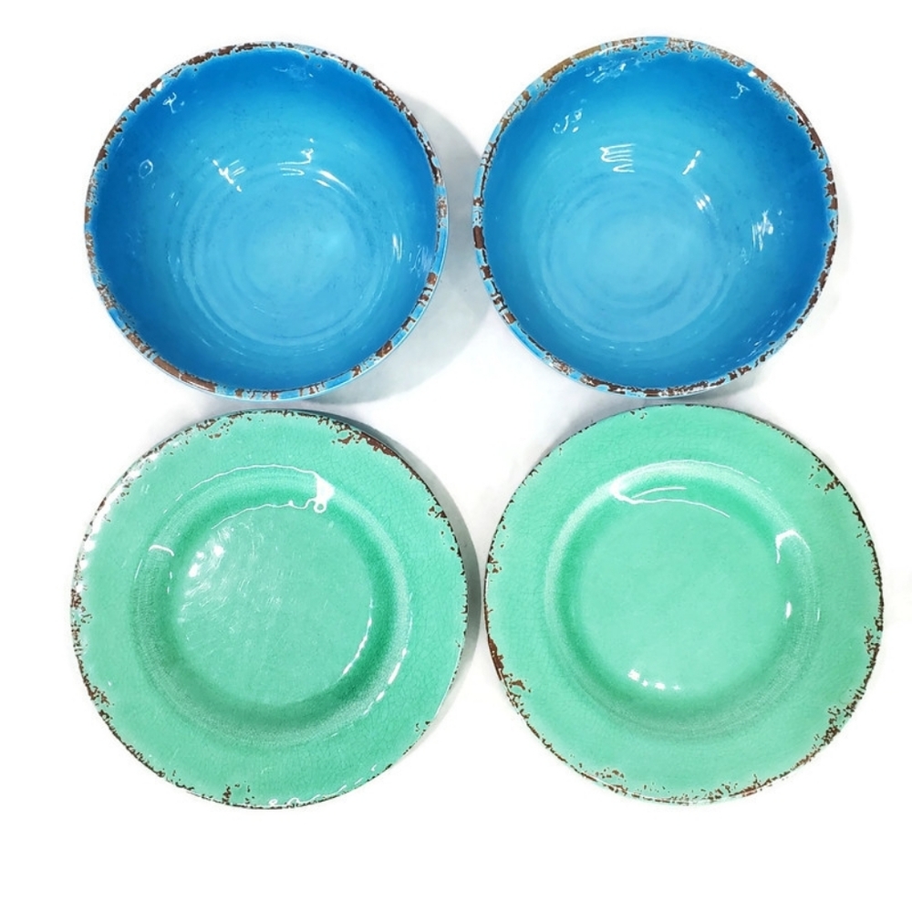 Williams Sonoma Rustic Outdoor Melamine 2 Salad Plates 2 Bowls Blue Green